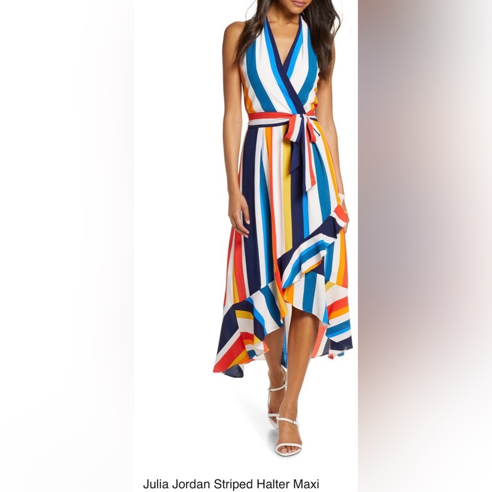 Julia Jordan Striped Halter Maxi Dress Multicolor High-Low Ruffle Size 10